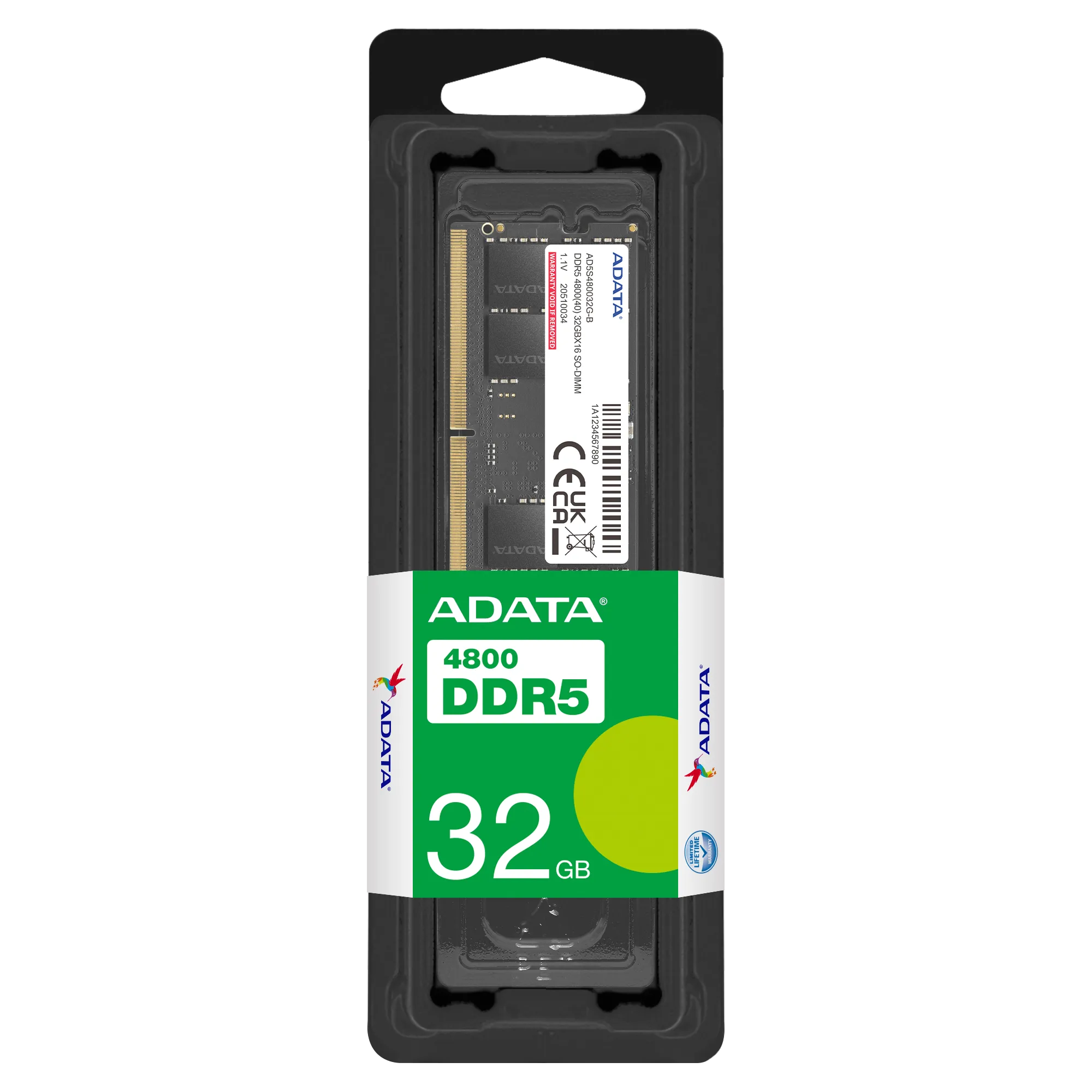ADATA DDR5 memory module packaging on a white background