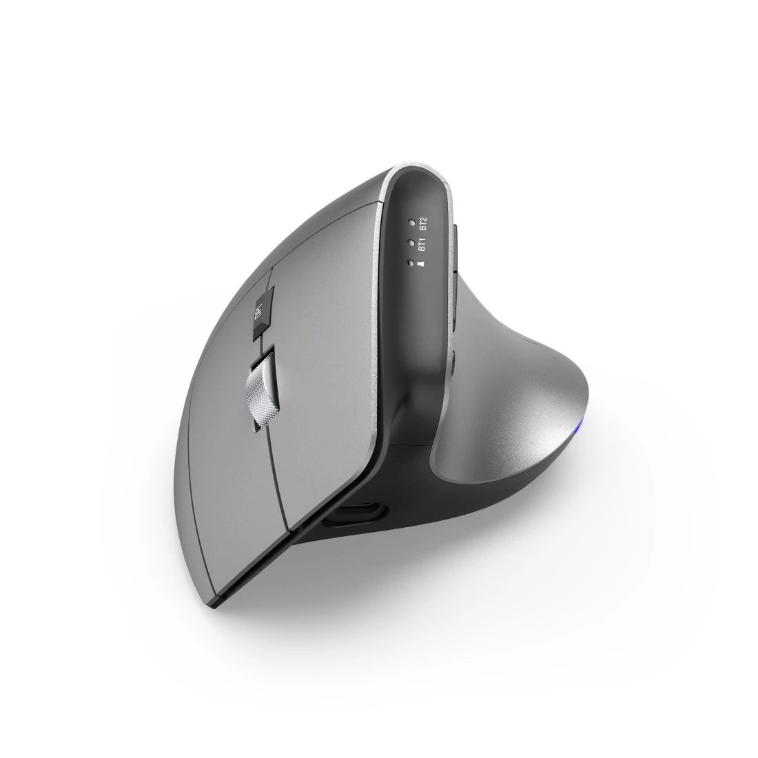 A gray Hama EMW-700 ergonomic wireless mouse with RGB lighting, featuring a sleek design with a visible internal battery compartment.