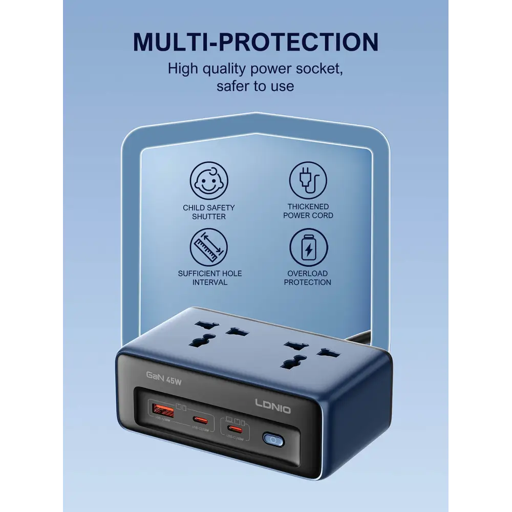 LDNIO SC1 45W GaN Desktop Power Strip with 2 Universal AC Outlets and USB-C & USB-A Charging - متجر TT Tab للتقنيات الحديثة