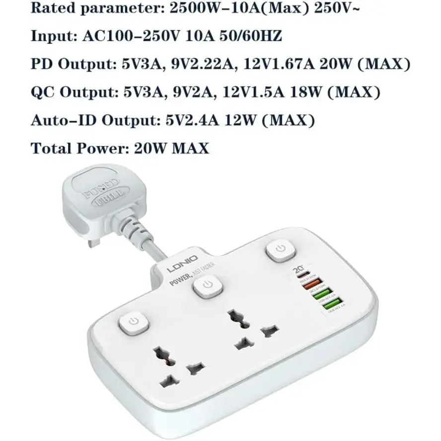 LDNIO SC2413 20W Power Socket Extender with 2 Universal AC Outlets and 4 USB Charging Ports - متجر TT Tab للتقنيات الحديثة