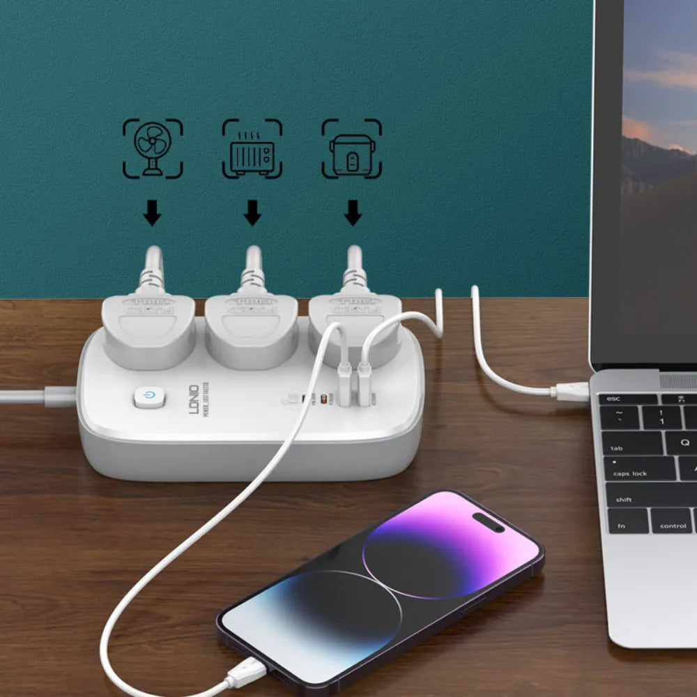 LDNIO SC3416 65W Power Strip with 3 Universal AC Outlets and 4 USB Charging Ports - متجر TT Tab للتقنيات الحديثة