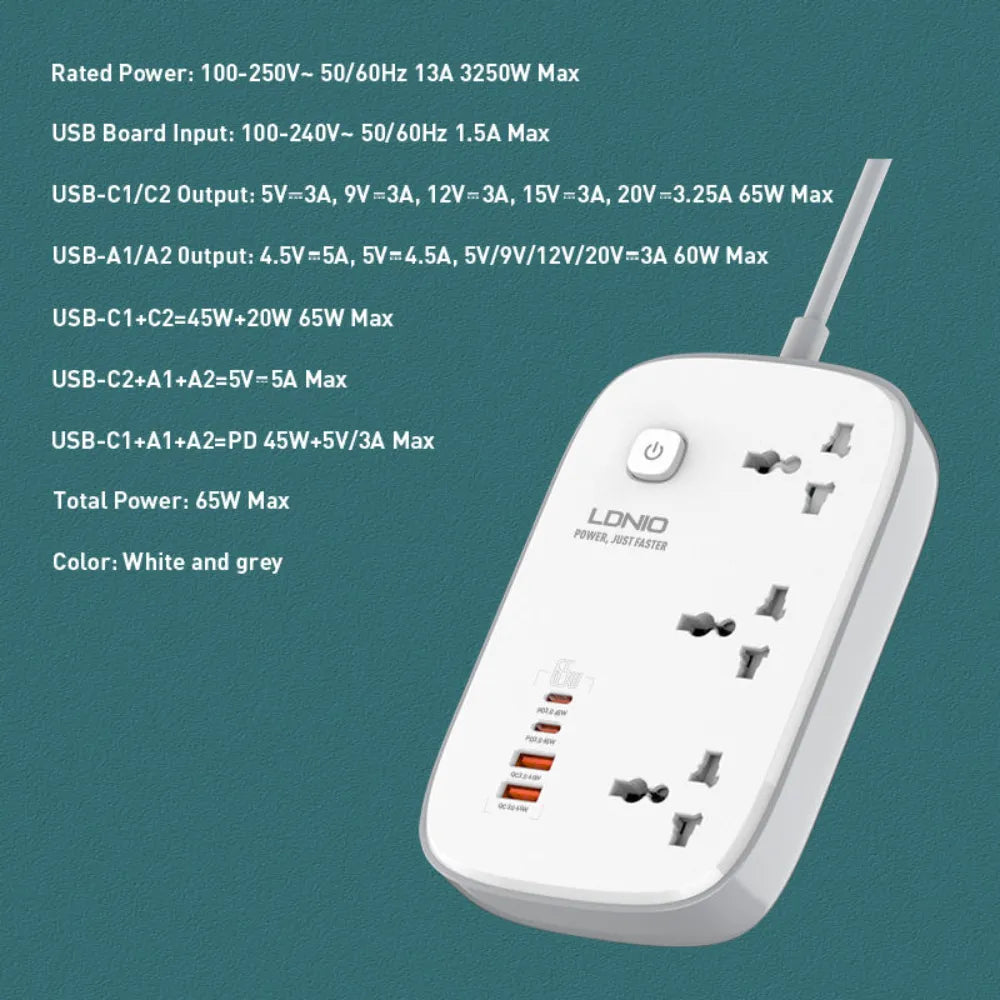 LDNIO SC3416 65W Power Strip with 3 Universal AC Outlets and 4 USB Charging Ports - متجر TT Tab للتقنيات الحديثة
