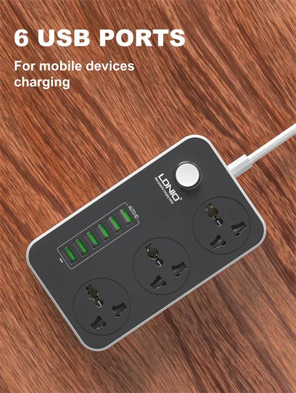 LDNIO SC3604 17W Power Strip with 3 Universal AC Outlets and 6 USB-A Charging Ports - متجر TT Tab للتقنيات الحديثة