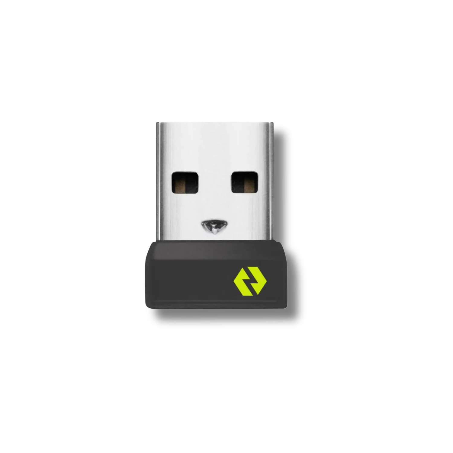 A Logitech Logi Bolt USB Receiver, showing a silver-colored USB receiver with a black base and the Logi brand logo on it.