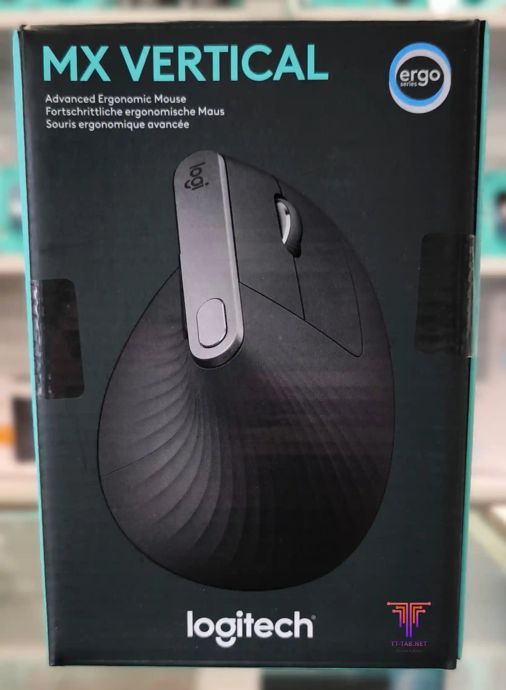 Logitech MX Vertical mouse packaging with branding and product details.