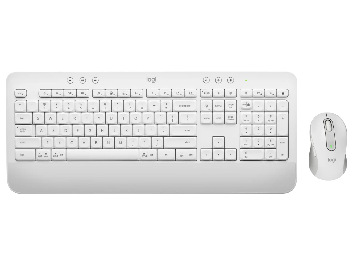 A white Logitech Signature MK650 wireless keyboard and mouse combo with a sleek design.
