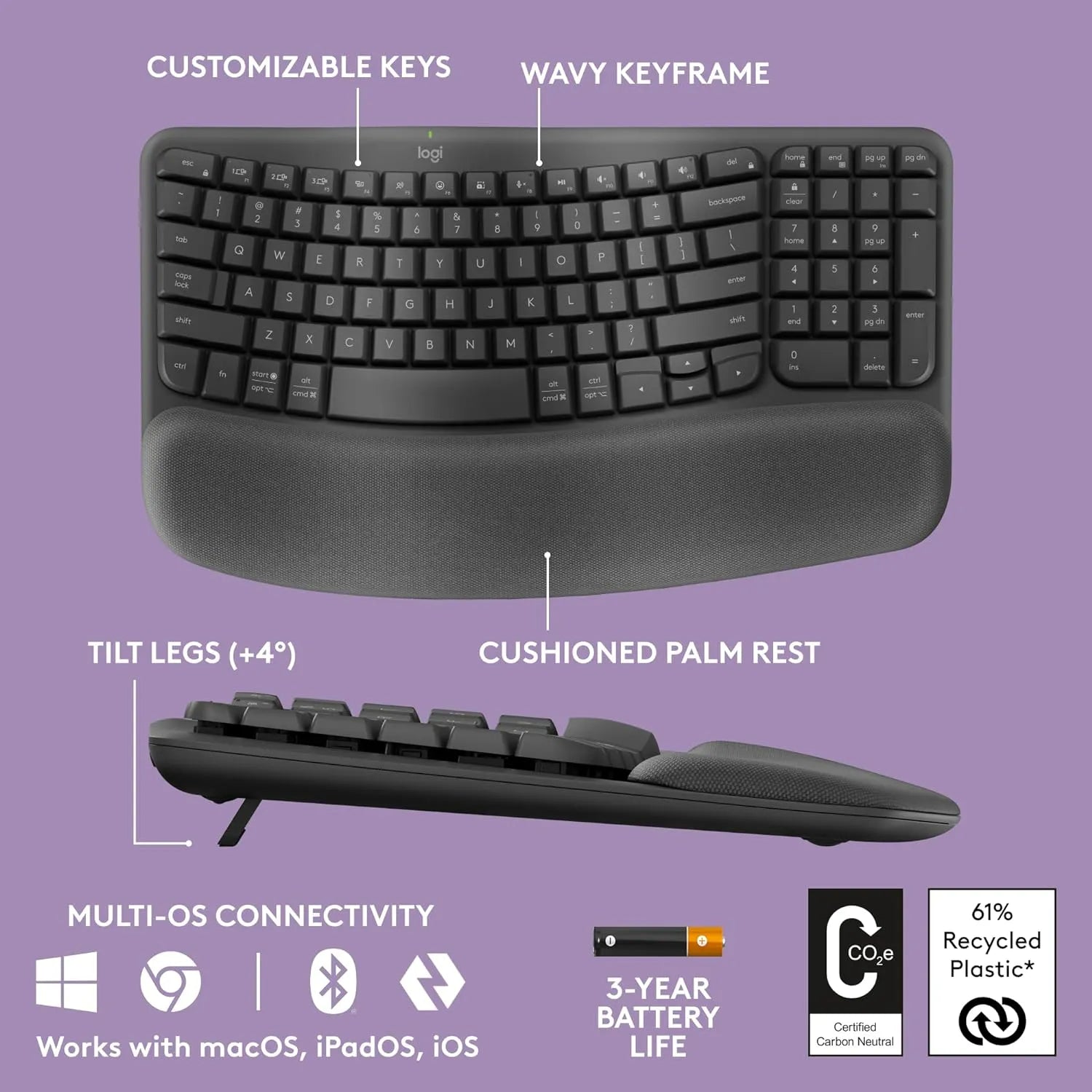 Logitech Wave Keys Wireless + Bluetooth Ergonomic Keyboard - للتقنيات الحديثة TT TAB متجر