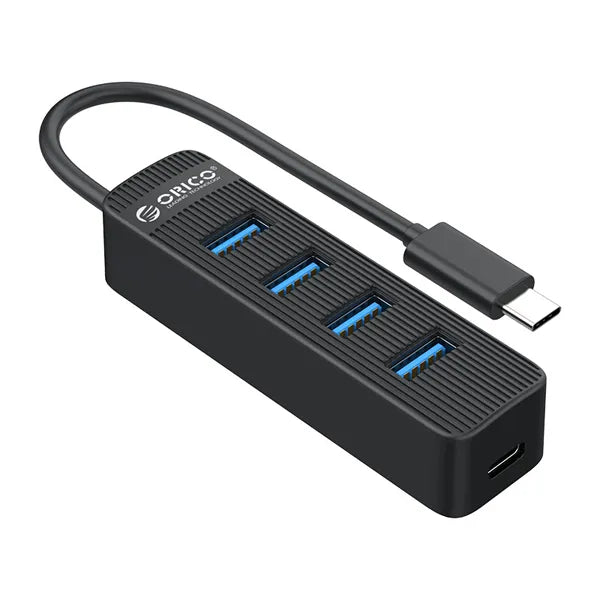 A black ORICO-branded USB hub with four USB 3.0 ports and one Type-C port, including a Type-C cable.