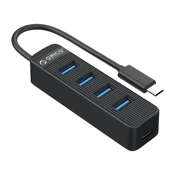 A black ORICO-branded USB hub with four USB 3.0 ports and one Type-C port, including a Type-C cable.