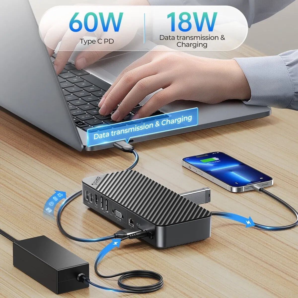 ORICO DKA20‑V1 20‑in‑1 USB‑C Docking Station 10Gbps Triple Display 4K@60Hz PD 60W - متجر TT Tab للتقنيات الحديثة