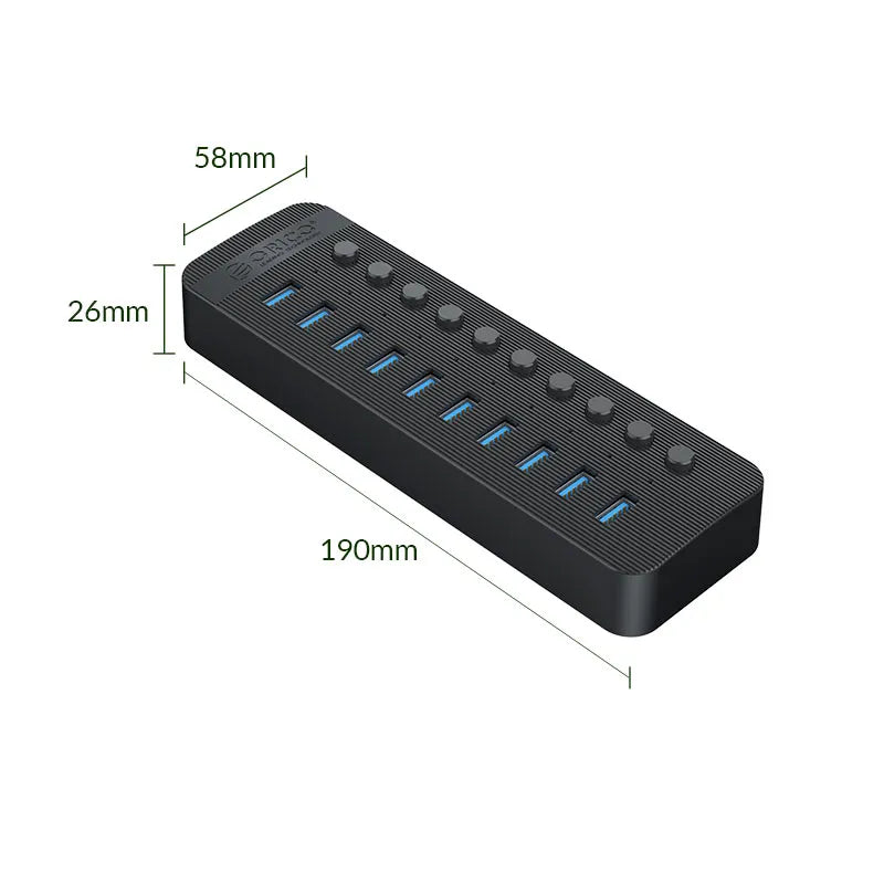 Black USB hub with dimensions labeled on a white background