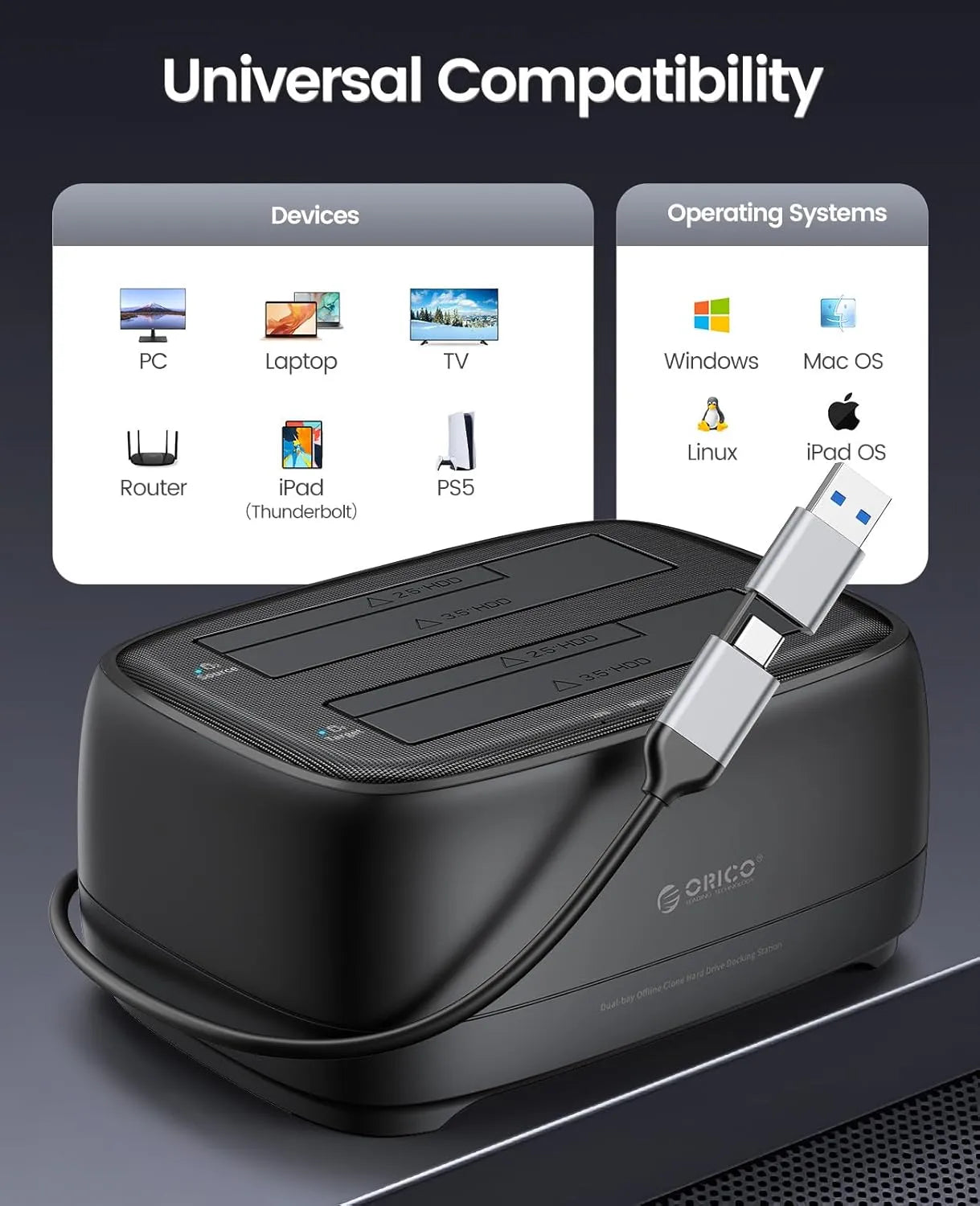 Orico DD28C3-C SATA 2.5/ 3.5 Dock Station support Clone with TypeC/A Cable - للتقنيات الحديثة TT TAB متجر