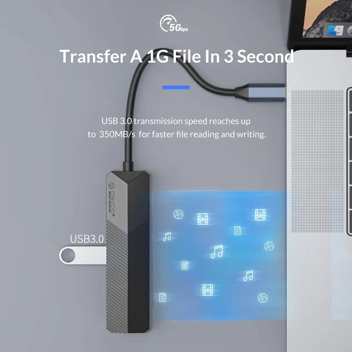 USB 3.0 device with text highlighting fast file transfer speeds on a gray background.