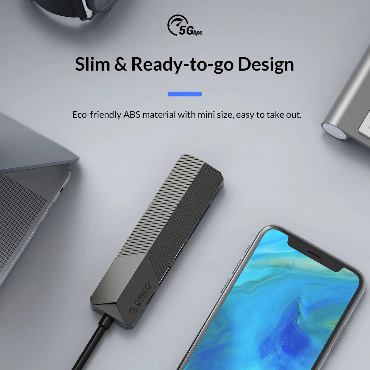 Slim electronic device with smartphone on a light gray background, featuring '5G Tips' branding.