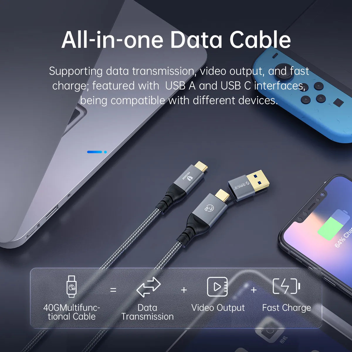 Orico ACC40-15 USB-C 2-in-1 40Gbps Data Cable - متجر TT Tab للتقنيات الحديثة