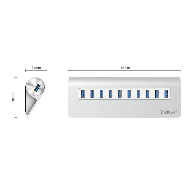 Orico Aluminum H3H10 10-Port USB3.0 HUB with 1m Data Cable - متجر TT Tab للتقنيات الحديثة