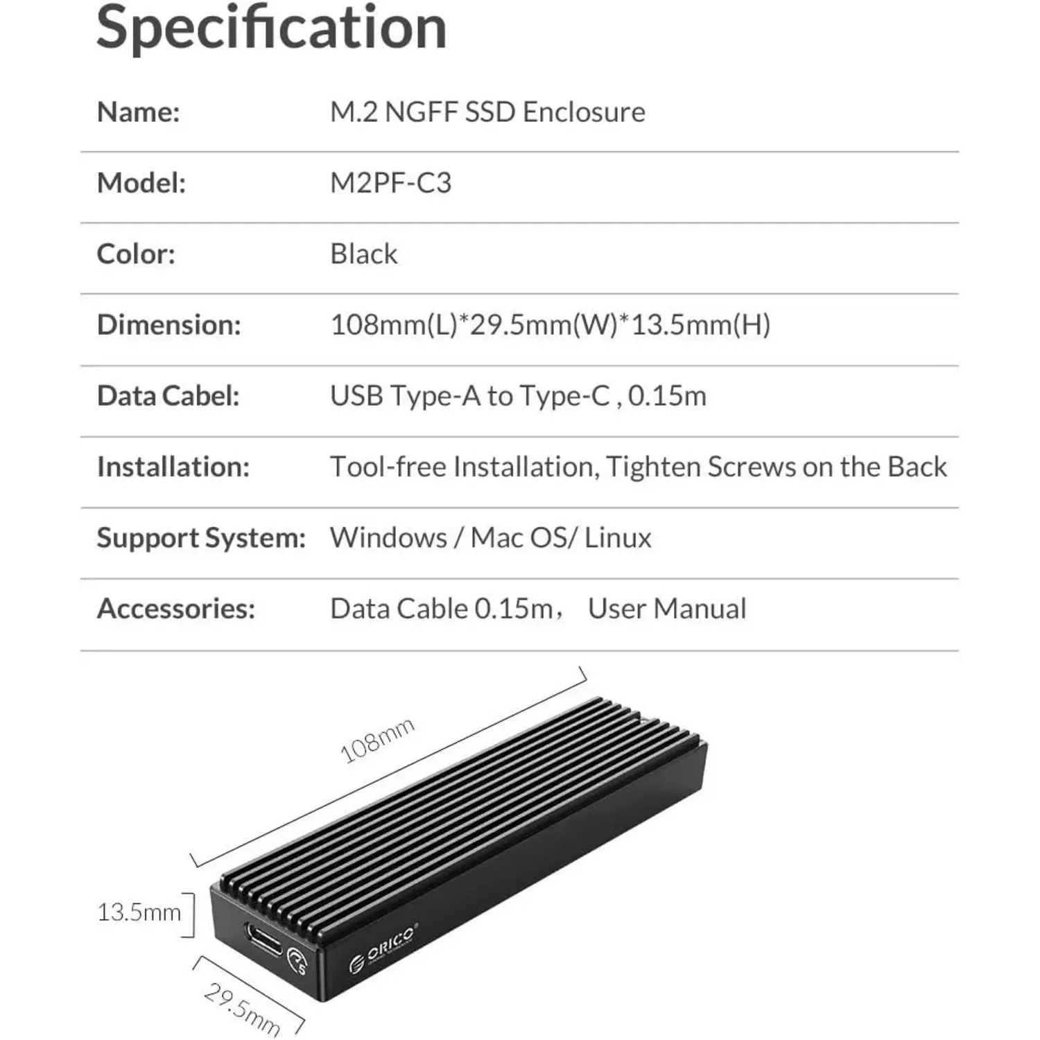Orico M2PF-C3 M.2 NGFF/SATA SSD Enclosure - متجر TT Tab للتقنيات الحديثة