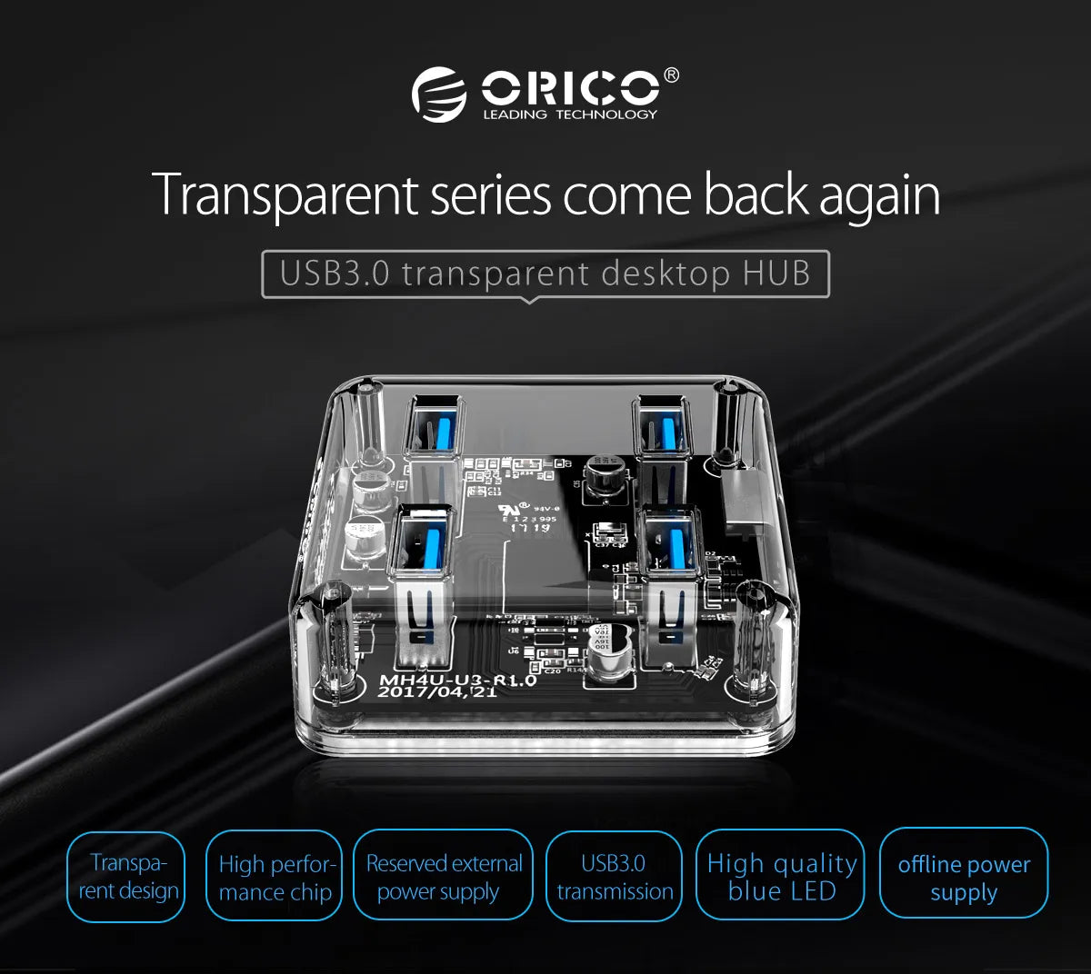 Orico MH4UC-U3-10 4-Port USB HUB 3.0 with Transparent Design - متجر TT Tab للتقنيات الحديثة