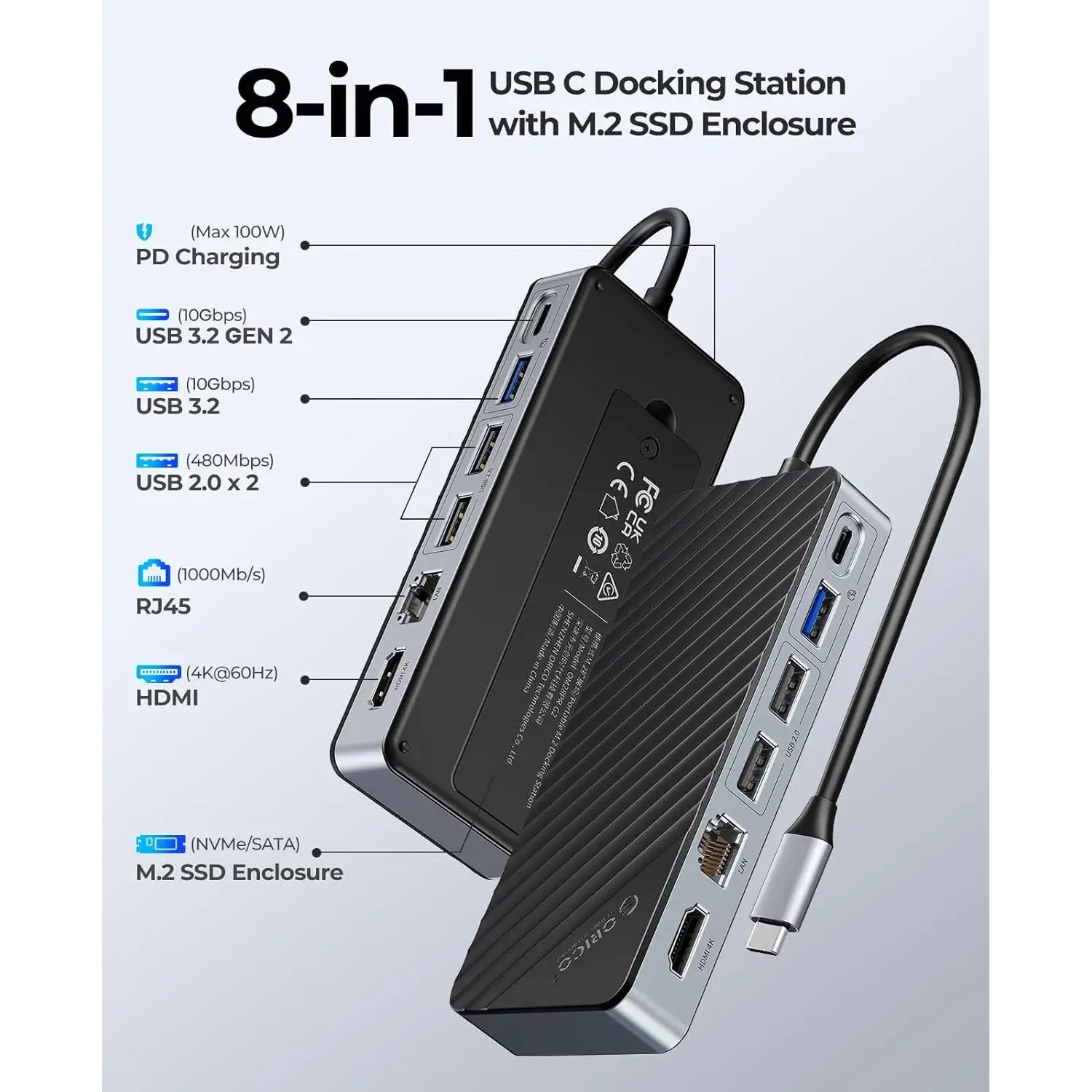 Orico OM28PR-G2 8-in-1 Docking Station with M.2 NVMe/NGFF Enclosure - متجر TT Tab للتقنيات الحديثة