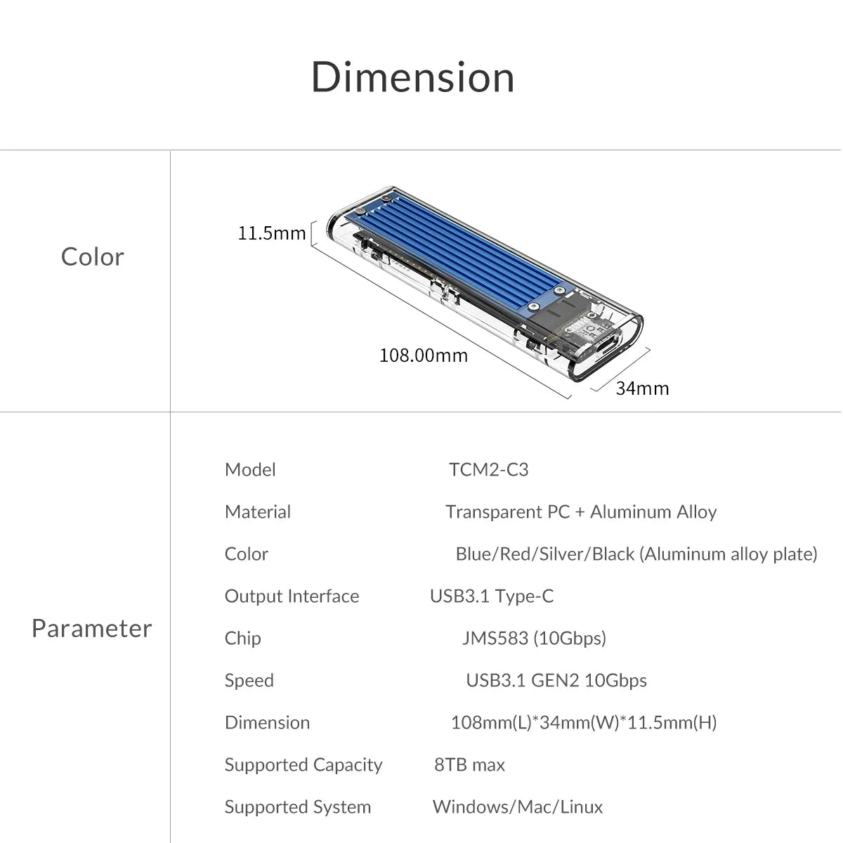 Orico TCM2M-C3 M.2 Enclosure support NVMe + NGFF - متجر TT Tab للتقنيات الحديثة