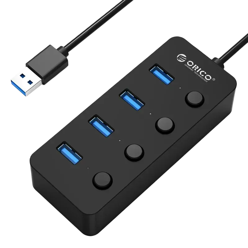 A black Orico USB hub with four USB Type-A ports, each with an individual switch, and a blue USB connector on one end.