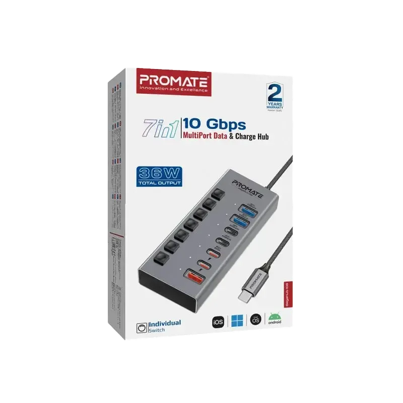 Promate GegaHub-10G 7-in-1 High Speed Multi-Ports 10Gbps Data & Charging Hub - متجر TT Tab للتقنيات الحديثة