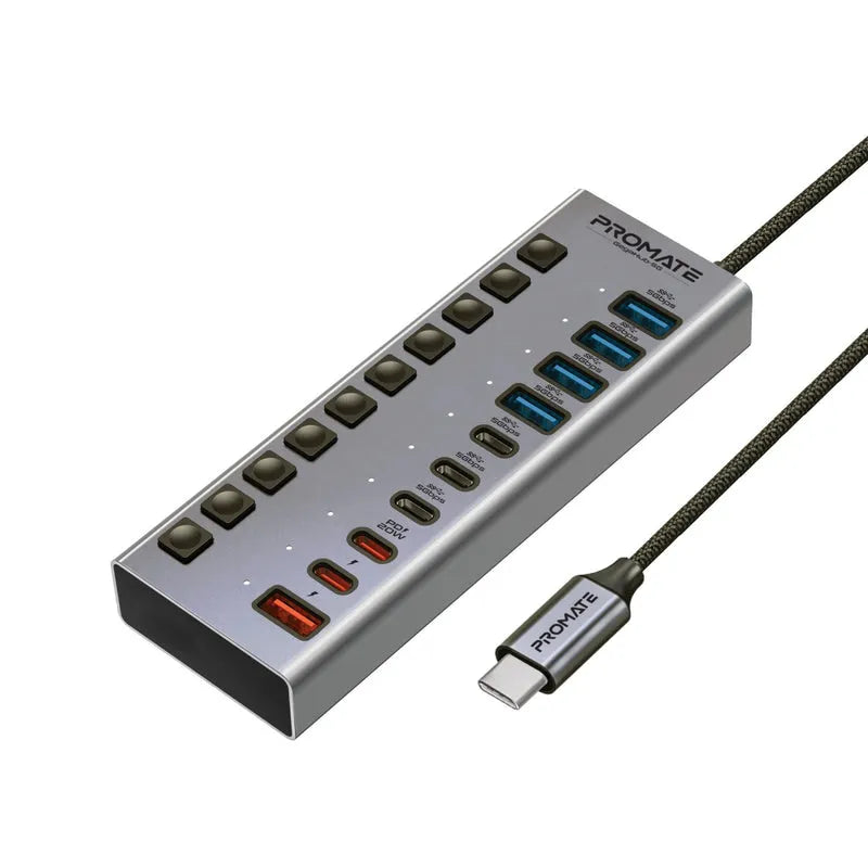 A Promate GegaHub-5G USB hub with multiple USB Type-A and Type-C ports, including dedicated charging ports, displayed with its accompanying cable.