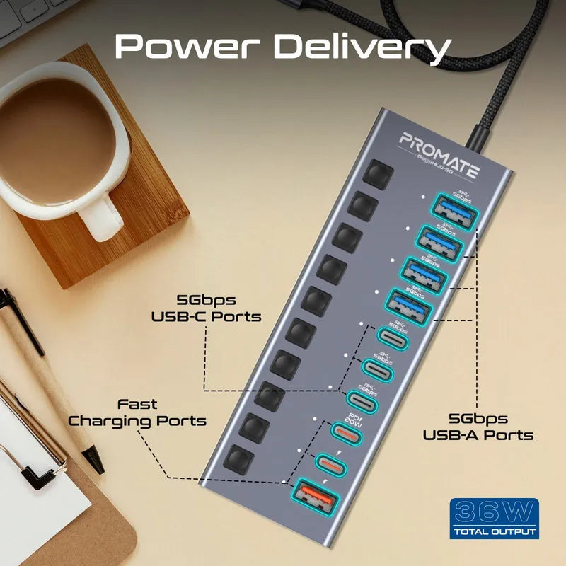Promate GegaHub-5G USB HUB 10X1 Type-A/C with charging ports - للتقنيات الحديثة TT TAB متجر