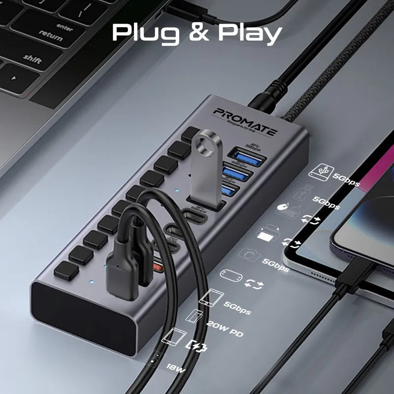 Promate GegaHub-5G USB HUB 10X1 Type-A/C with charging ports - للتقنيات الحديثة TT TAB متجر