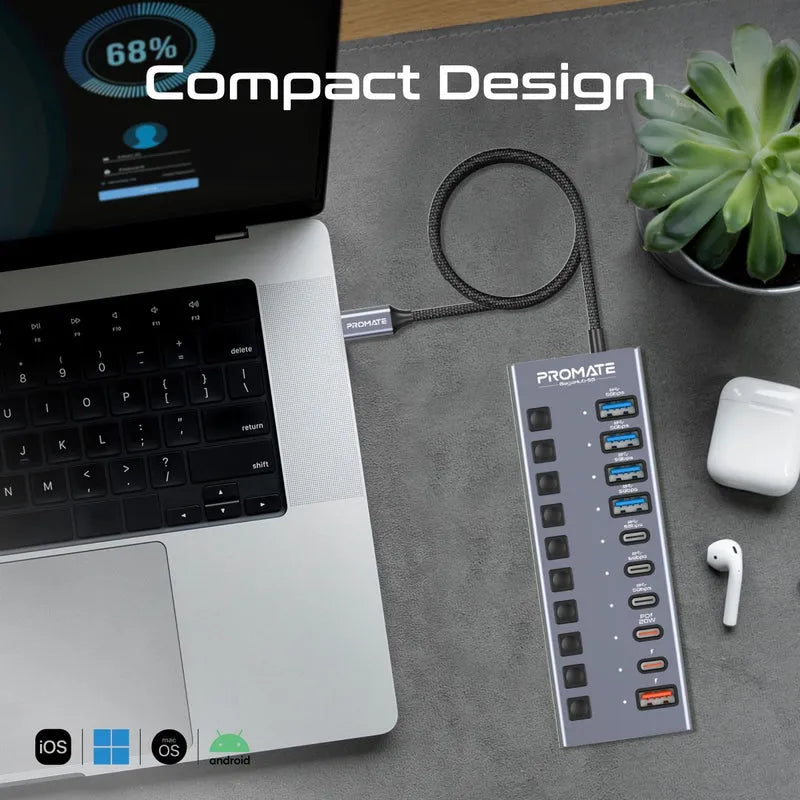 Promate GegaHub-5G USB HUB 10X1 Type-A/C with charging ports - للتقنيات الحديثة TT TAB متجر