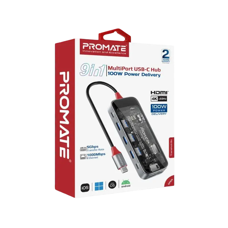 Packaging of the ProMate TransHub-Go USB-C Multiport Hub featuring a 9-in-1 port design with USB Type-C and various other ports, such as HDMI and Ethernet, visible on the front panel.