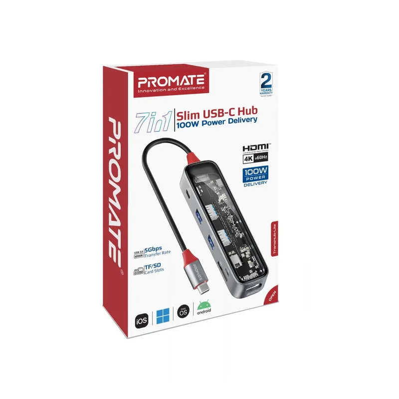 Promate TransHub-Lite USB-C Multiport Hub 7-in-1 with 100W PD - للتقنيات الحديثة TT TAB متجر