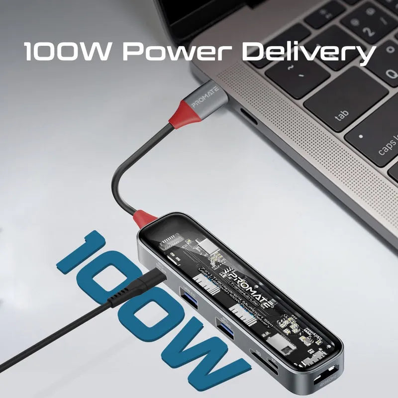 Promate TransHub-Lite USB-C Multiport Hub 7-in-1 with 100W PD - للتقنيات الحديثة TT TAB متجر