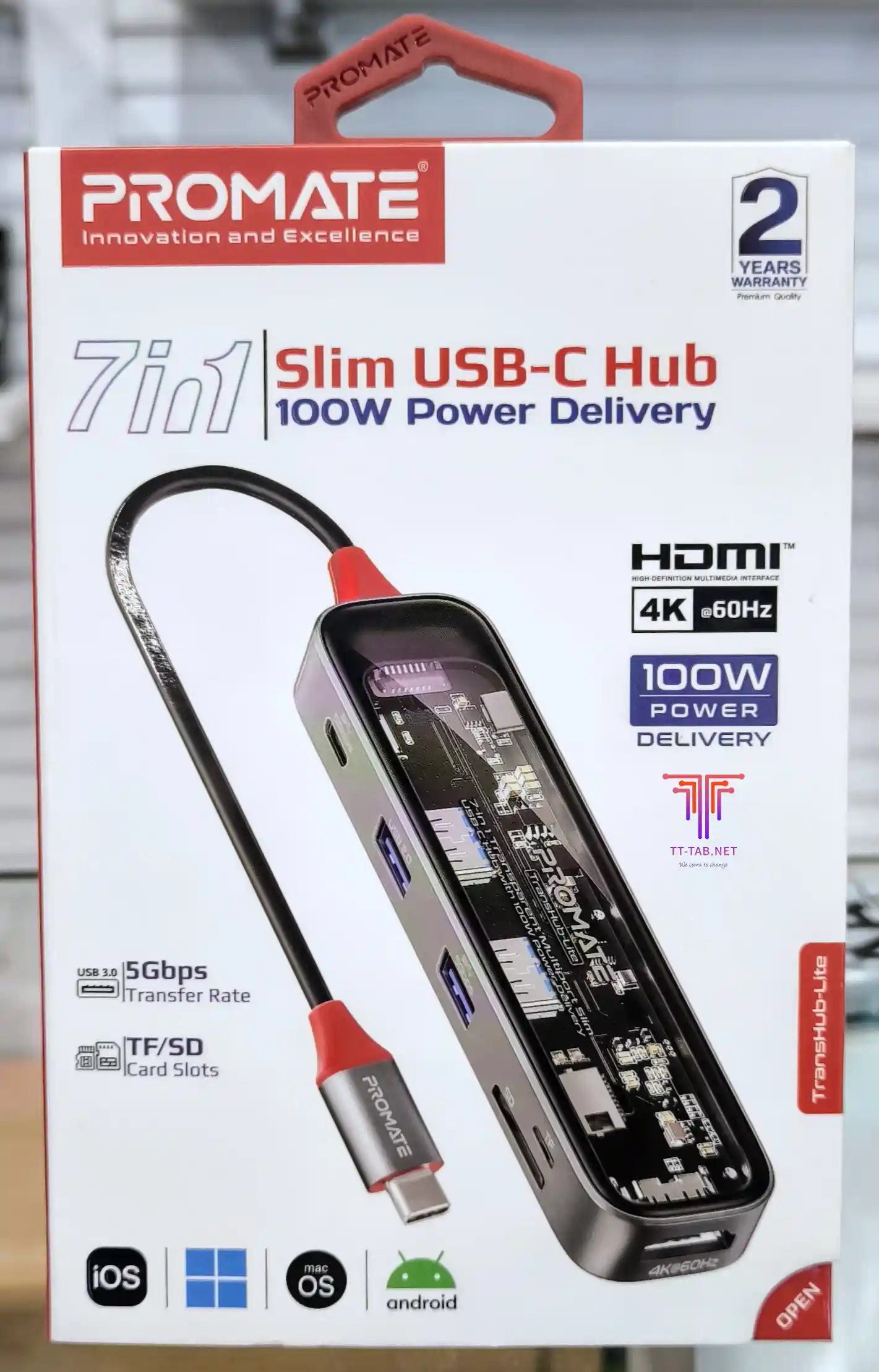 Promate TransHub-Lite USB-C Multiport Hub 7-in-1 with 100W PD - للتقنيات الحديثة TT TAB متجر