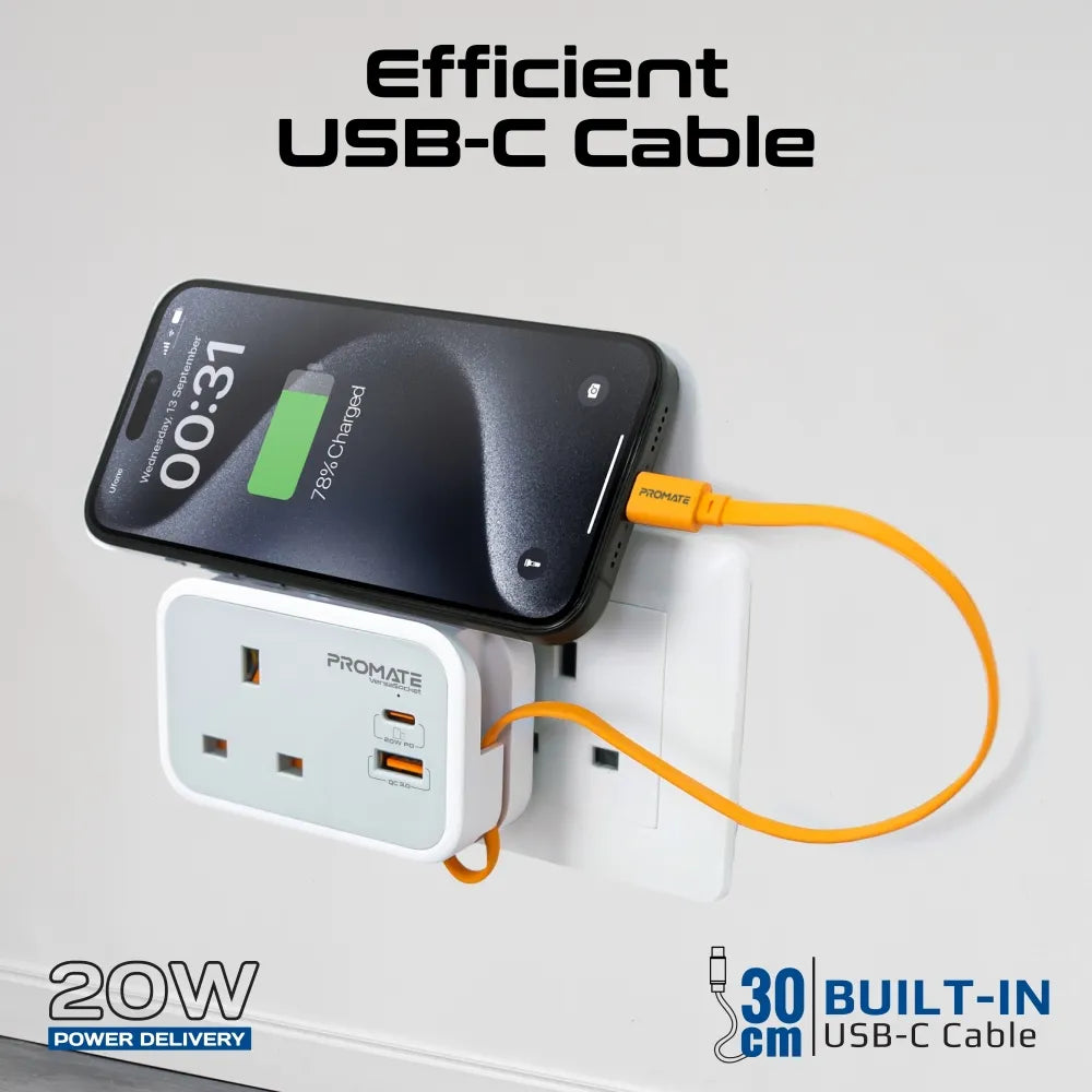 Promate VersaSocket 3250W UK Wall Socket Extender with 20W USB-C 18W & USB-A and Built-in USB-C Cable - متجر TT Tab للتقنيات الحديثة