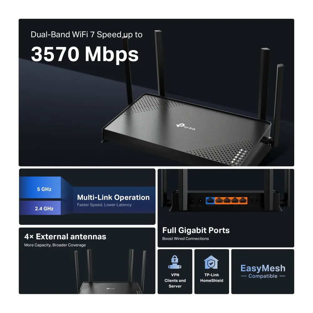 TP-Link Archer BE220 BE3600 Dual-Band Wi-Fi 7 Router - للتقنيات الحديثة TT TAB متجر