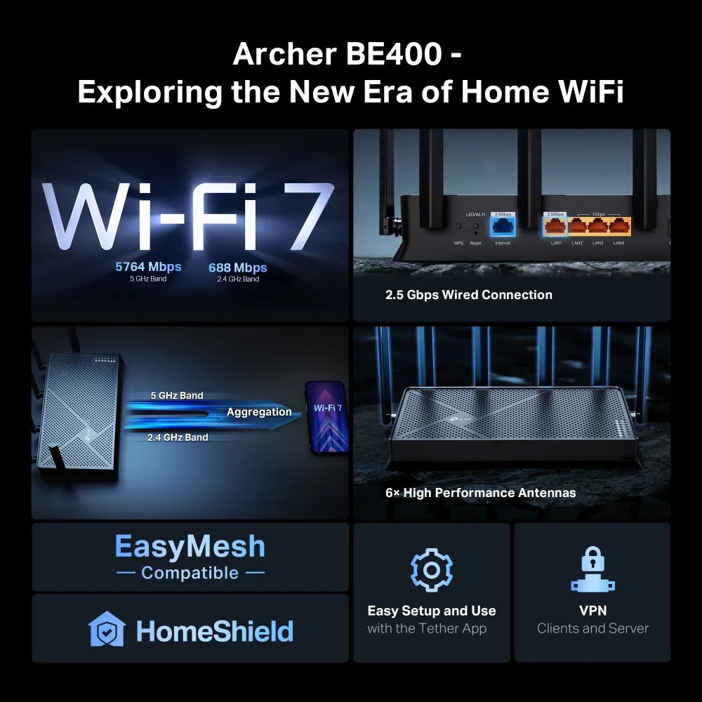TP-Link Archer BE400 BE6500 Dual-Band Wi-Fi 7 Router - متجر TT Tab للتقنيات الحديثة