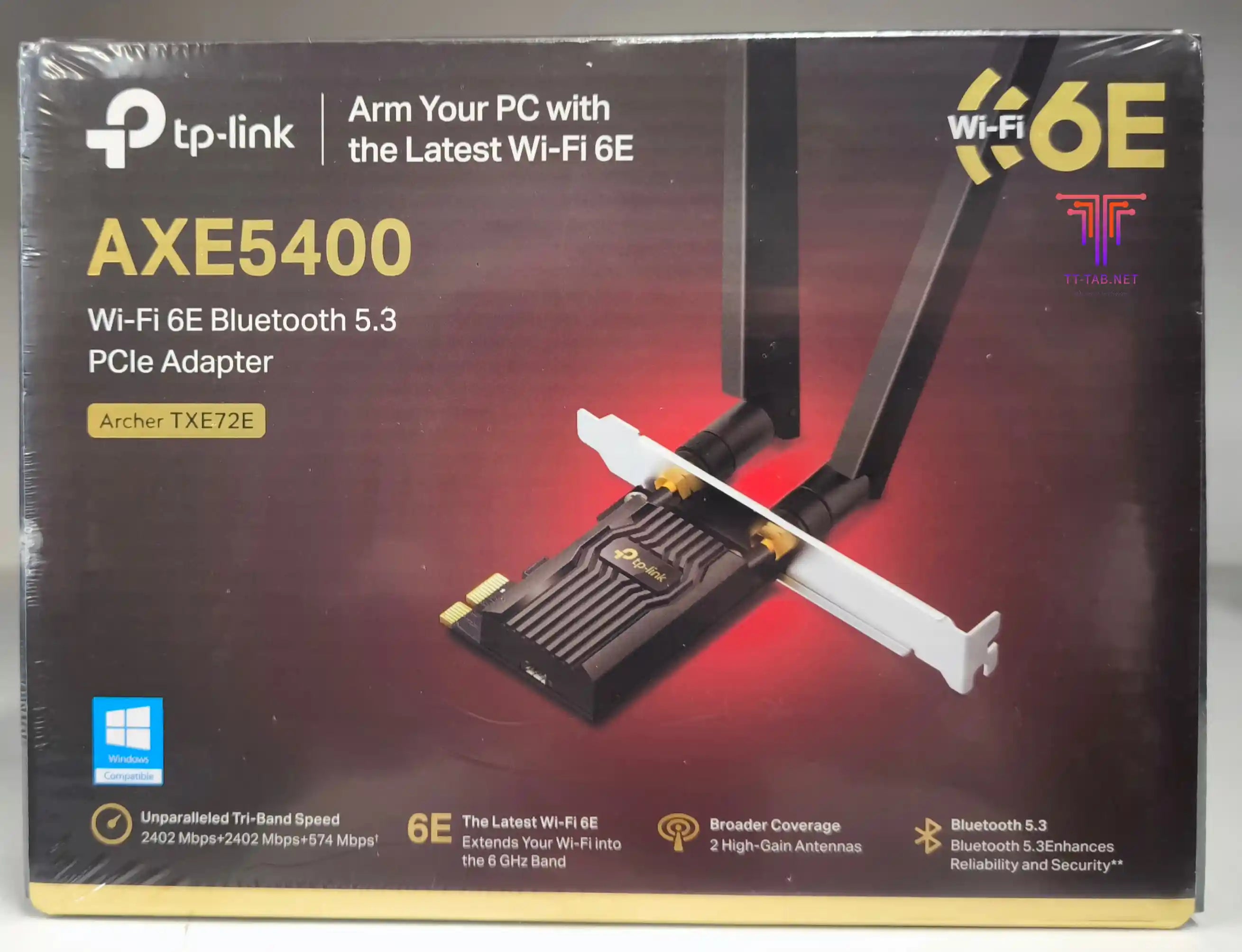 TP-Link AXE5400 Wi-Fi 6E PCIe adapter packaging with antenna on a dark background