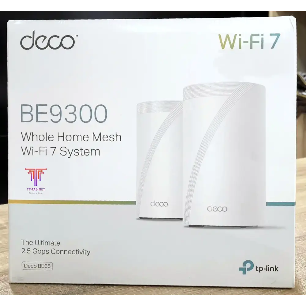 Box of TP-Link Deco BE9300 Whole Home Mesh Wi-Fi 7 System on a wooden surface
