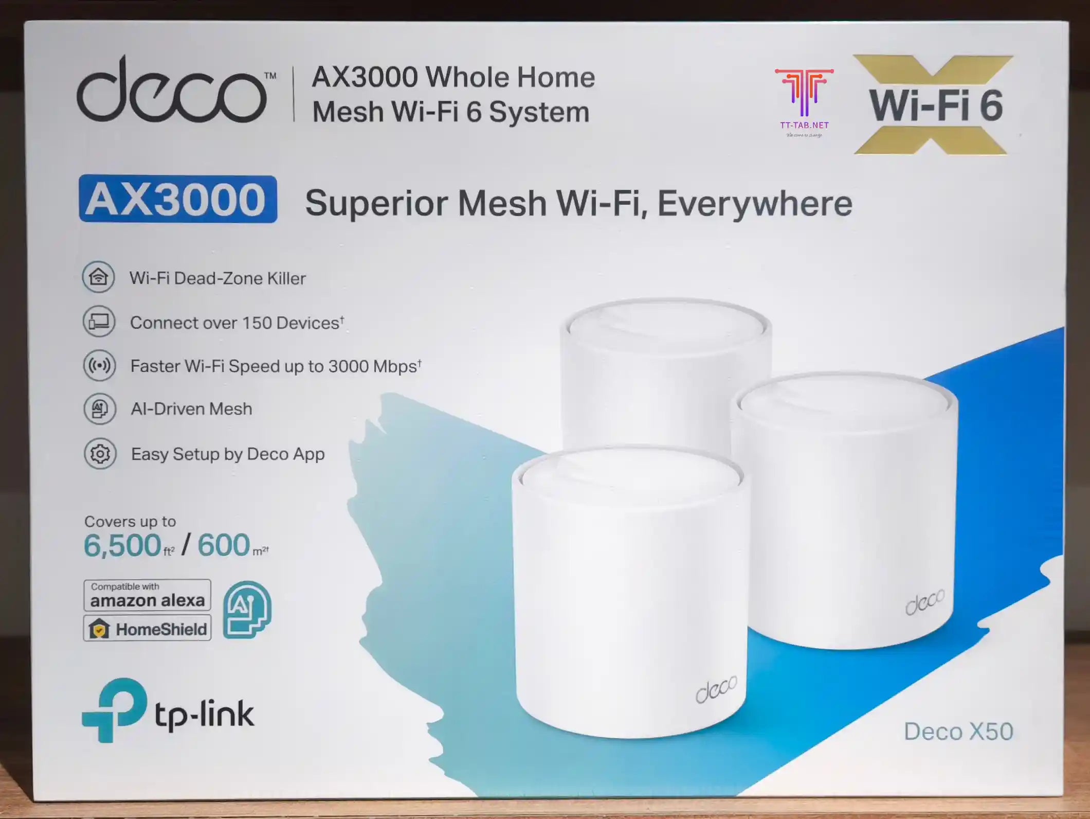TP-Link Deco X50 AX3000 Whole Home Mesh Wi-Fi 6 System packaging on a white background