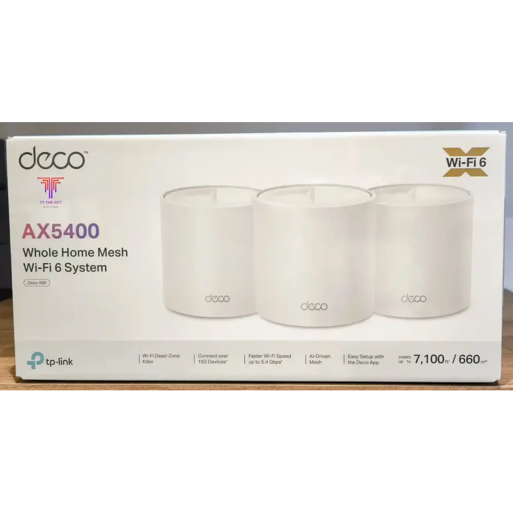 Box of TP-Link Deco AX5400 V4.20 Whole Home Mesh Wi-Fi 6 System on a white background