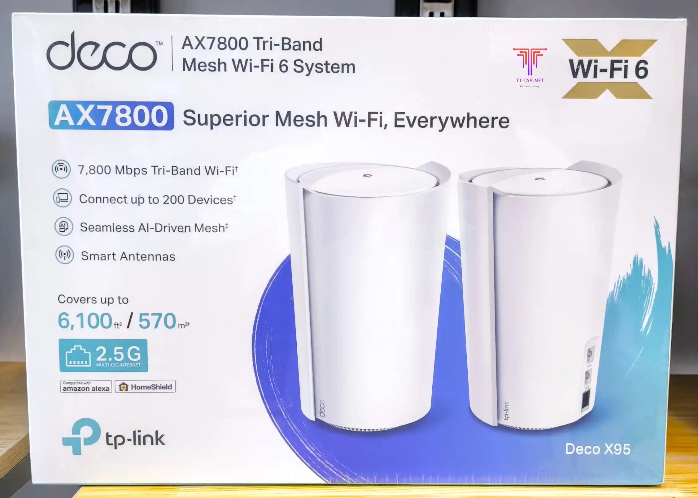 TP-Link Deco X95 mesh Wi-Fi system packaging with two routers on a white background