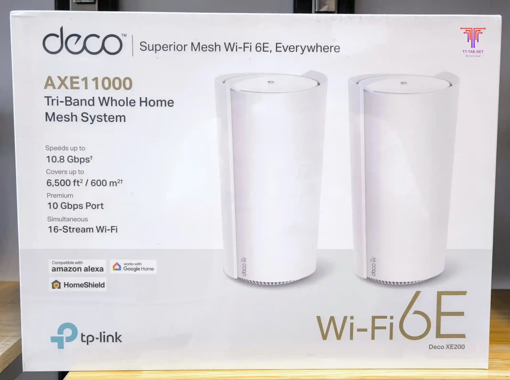 TP-Link Deco AXE11000 mesh Wi-Fi system packaging on a white background