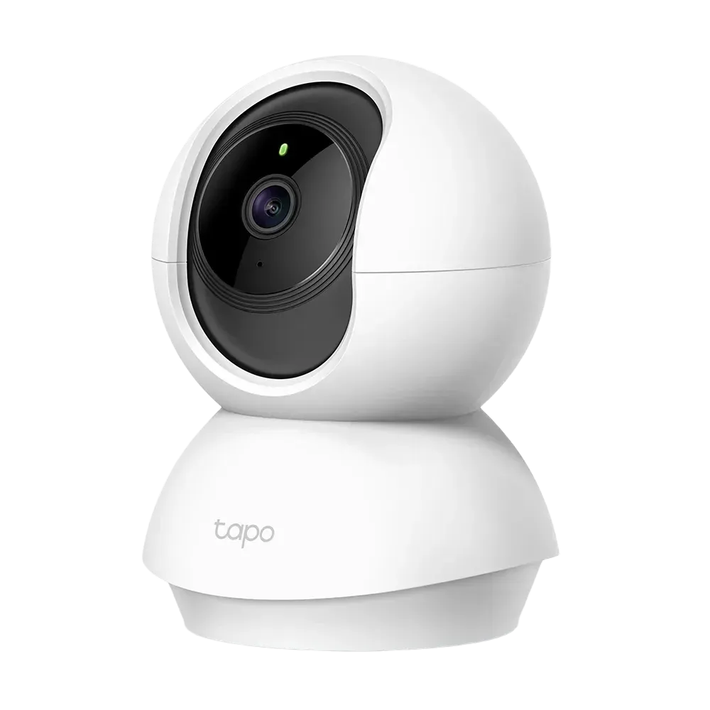 TP-Link Tapo C210 Pan/Tilt Home Security Wi-Fi Camera in white color with a spherical shape, featuring a lens and control buttons.