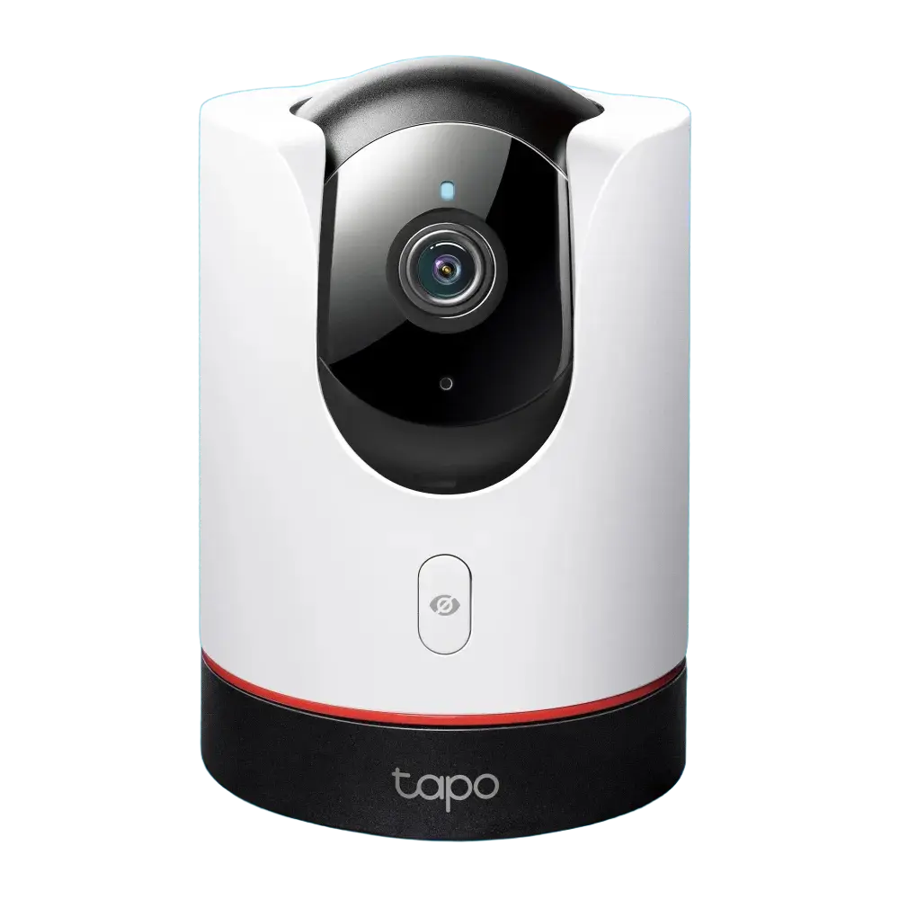 TP-Link Tapo C225 Pan/Tilt AI Home Security Wi-Fi Camera in white color with a black base, featuring a camera lens and LED indicator.