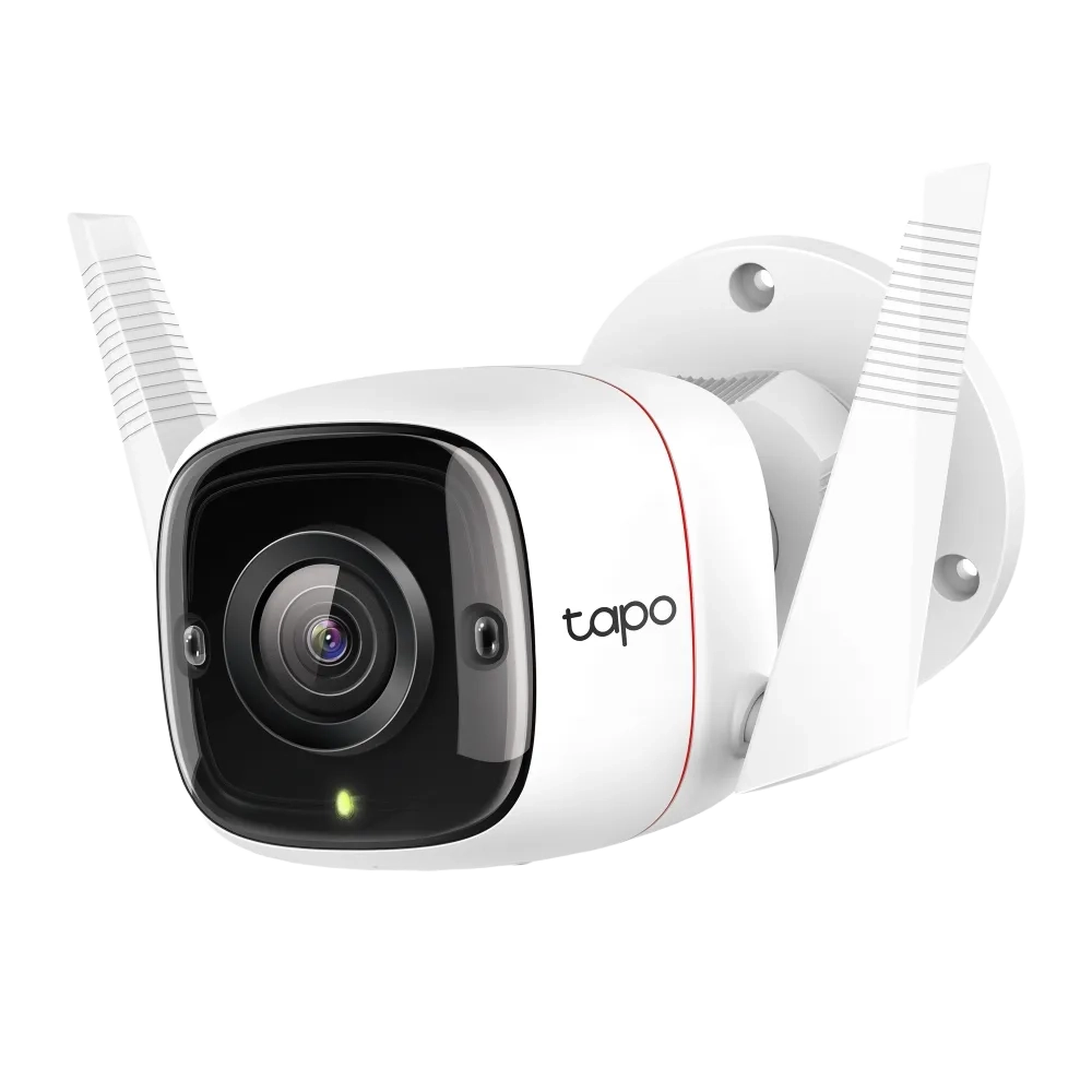 TP-Link Tapo C310 Outdoor Security Wi-Fi Camera with two antennas, in white color, designed for wall mounting.