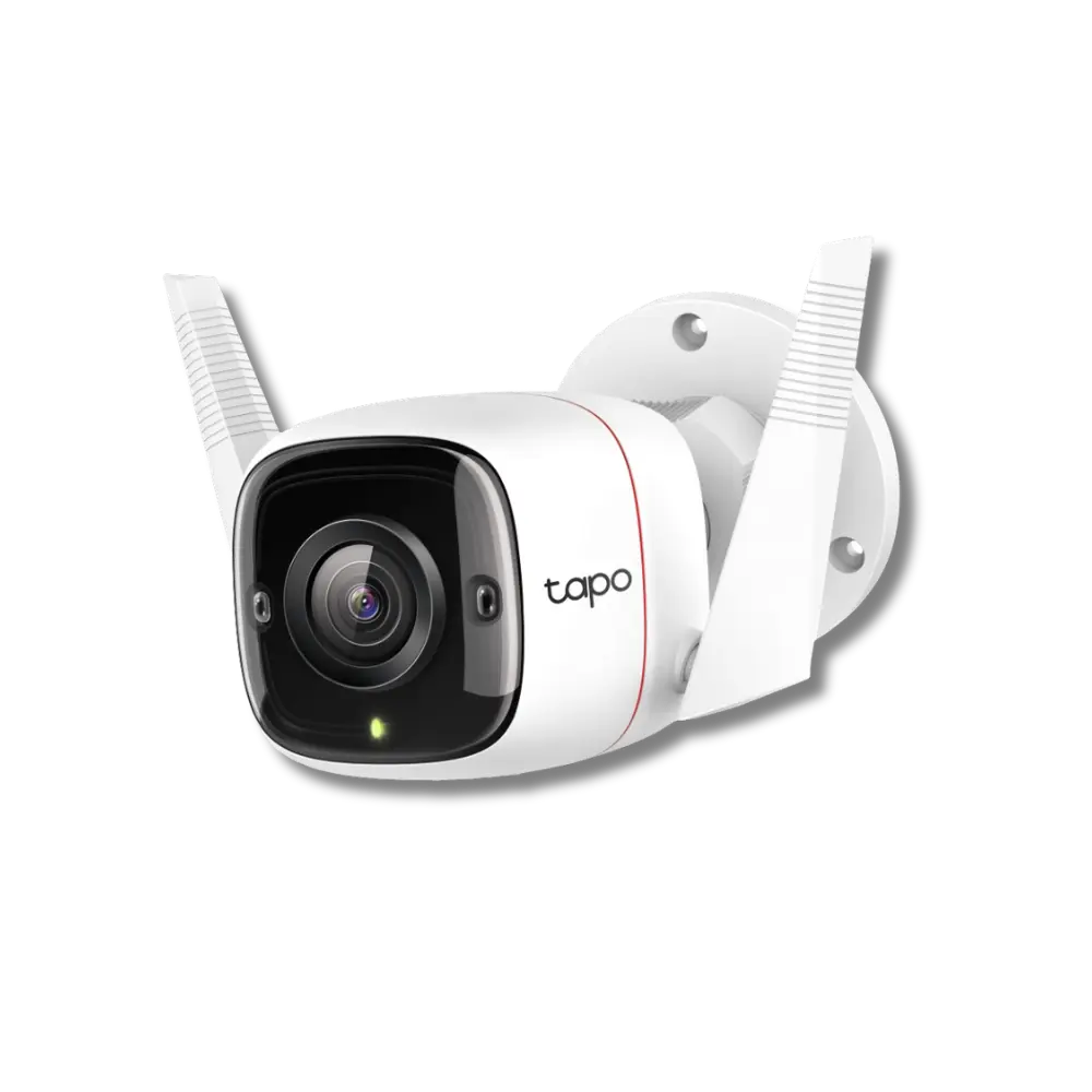 TP-Link Tapo C310 Outdoor Security Wi-Fi Camera with two antennas, in white color, designed for wall mounting.