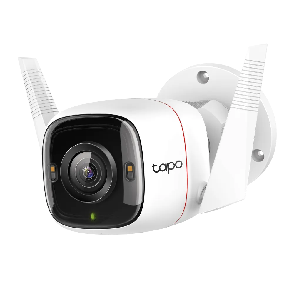 TP-Link Tapo C320WS Outdoor Security Wi-Fi Camera with two antennas, in white color, designed for wall mounting.