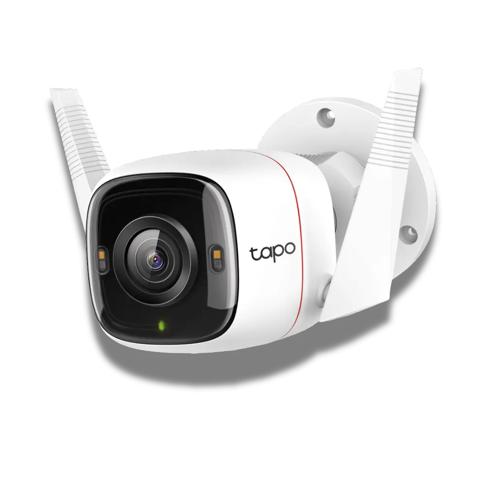 TP-Link Tapo C320WS Outdoor Security Wi-Fi Camera with two antennas, in white color, designed for wall mounting.