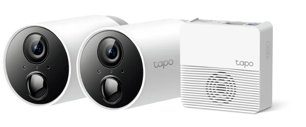 TP-Link Tapo C400S2 Smart Wire-Free Security Camera System, including two camera units and a central hub with a white exterior.